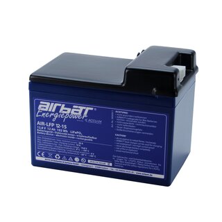 AIRBATT Energiepower LiFePO4 12V 15Ah Supply Battery pole cover with 10A-fuse and Tyco-connector (Plug) front