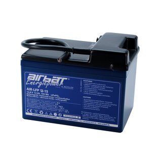 AIRBATT Energiepower LiFePO4 12,8V 15Ah Versorgungsbatterie Polabdeckung mit 10A-Sicherungsautomat und Kabel mittig
