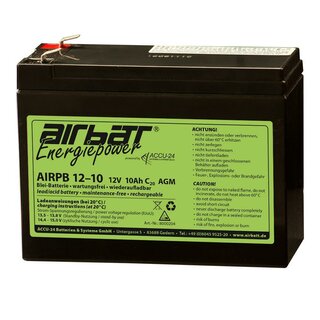 AIRBATT Energiepower AIR-PB 12-10 12V 10Ah zyklenfeste Blei/AGM-Flugzeugbatterie ohne Polabdeckung