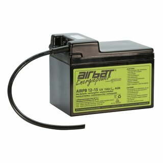 AIRBATT Energiepower AIR-PB 12-15 12V 15Ah zyklenfeste Blei/AGM-Flugzeugbatterie Polabdeckung mit 10A-Sicherungsautomat und Kabel stirnseitig